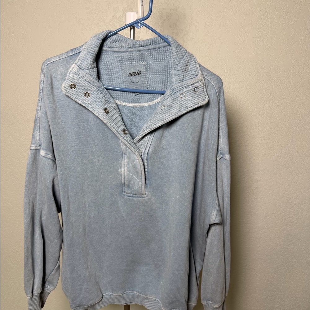 aerie Washed Light Blue Snap Funnel-Neck Sweatshirt